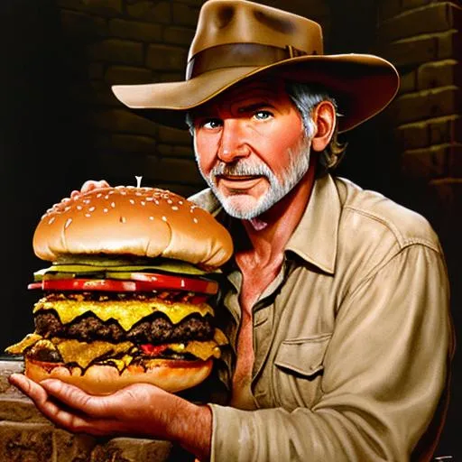 Prompt: Old Harrison Ford Indiana Jones eating a huge sloppy cheeseburger in a darkly lit tomb, highly detailed image, Drew Struzan style, high resolution