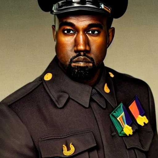 Prompt: Portrait of Kanye west as a german military fascist leader with badges and medals