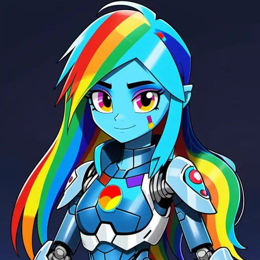 Prompt: cyberpunk equestria girls rainbow dash with blue skin as a cyborg