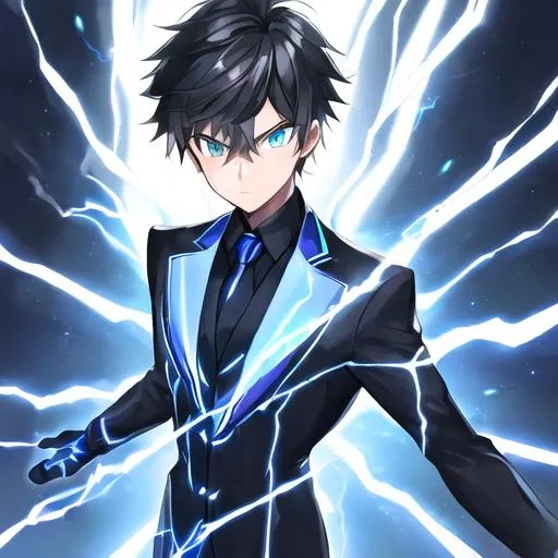 Prompt: A boy with electrical powers with black suit having blue stripes on it