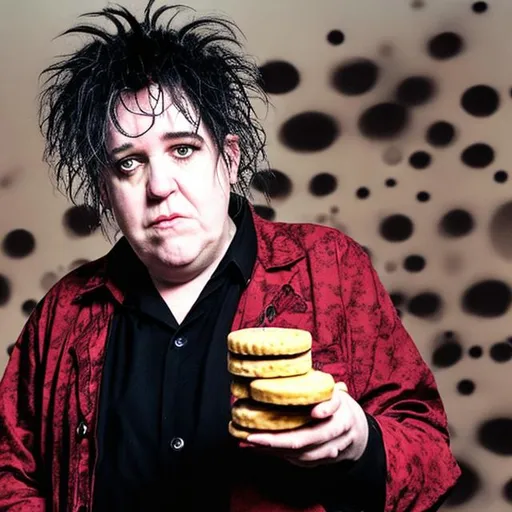 Prompt: Robert smith from The Cure eating jammie dodgers biscuits