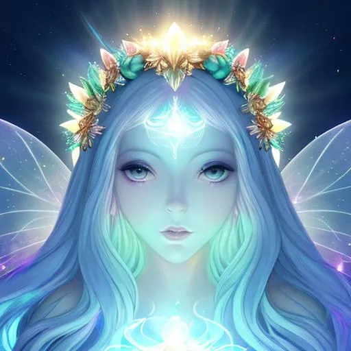 Prompt: Fairy goddess of light,etherial light,cosmic being,closeup