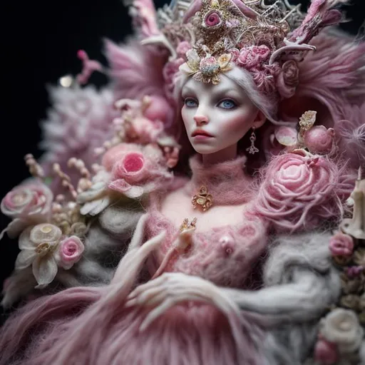 Prompt: needle-felted queen, pink, intricate details, insane details, volumetric lighting