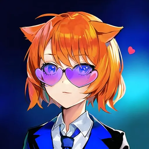 Prompt: Portrait of a cute girl with short, orange hair and cat ears wearing heart-shaped sunglasses and a suit 
