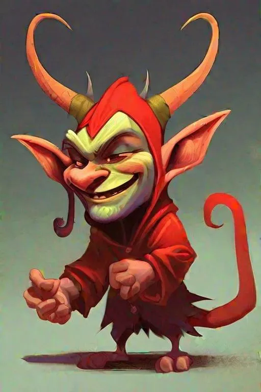 Prompt: A mischievous imp with horns, pointy ears, and a tail, playing pranks on unsuspecting humans.