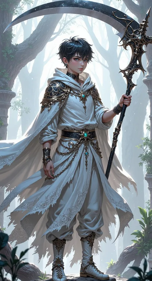 Prompt: small young man as a ((magical reaper)) with ((black short hair)), white eyes, dressed in ornate completely white layered textured reaper gear, left hand holding ((a huge scythe)).

white skies, high contrast lighting, ((wide length camera)), eye-level shot, three-quarter angle, wide depth of field. film grain, film textures.

Overall feeling of nihility. The background is a high detailed ancient enchanted dreamscape, filled with nothingness.