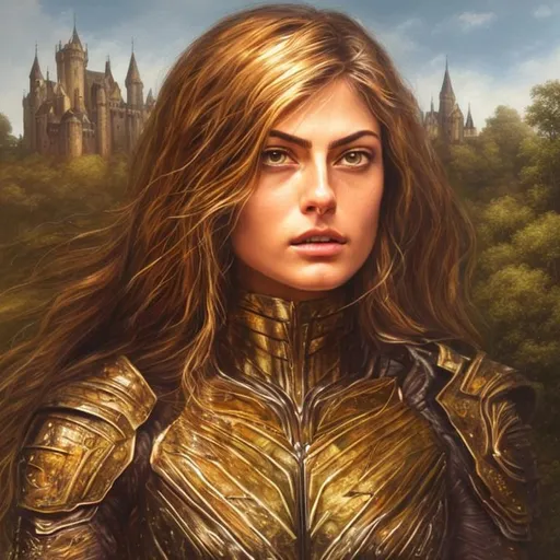 Prompt: medieval castle backround, plants in backround, Style of Cris Ortega, Style of Luis Royo, oil painting, Very detailed, golden fantasy plate armor, Style of Cris Ortega, Style of Luis Royo, oil painting, Very detailed, clear visible face, very detailed, beautiful face, beautiful face,prominent green emerald eyes, plate, high quality, piercing eyes, clear visible face, dark fantasy, Phoebe Tonkin, Alexandra Daddario, Ariana Grande, Natalie Portman, 