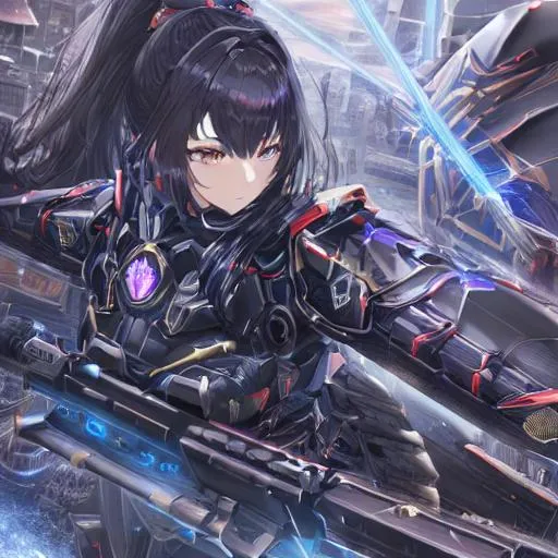 Prompt: a digital painting, UHD, hd, 8k, Very detailed, panned out view with whole character in from, Concept art of a character, anime girl, wearing a mech armor made with black crystal, dark blue ornament, black hair, laser sword,  high-quality picture, mech wings made with black crystal, surrounded cyber punk city, irrisdent, ultra detailed, antagonist, high quality, anime style, character design, Fantasy character, sharp expressive facial features, magic music notes flying around,