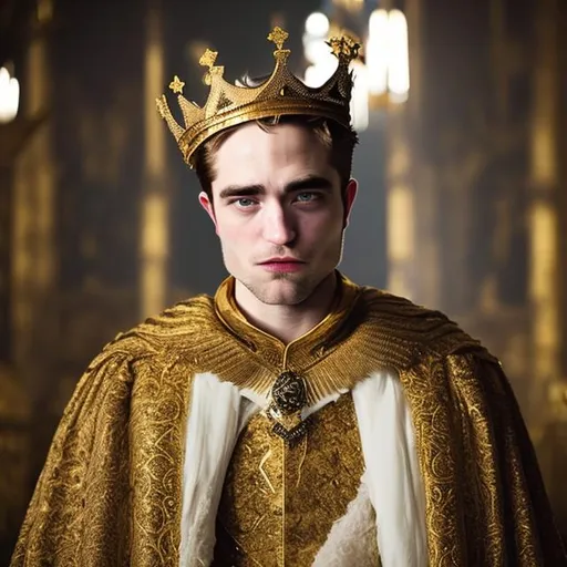 Prompt: robert pattinson, moustache, king, gold crown, white gown