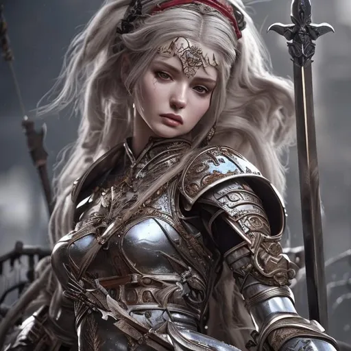 Prompt: Hghly detailed european goddes with longest Black hair unreal engine 5 Wearing a sapuriz armor and carrying an doomed samurai sword and fighting a war