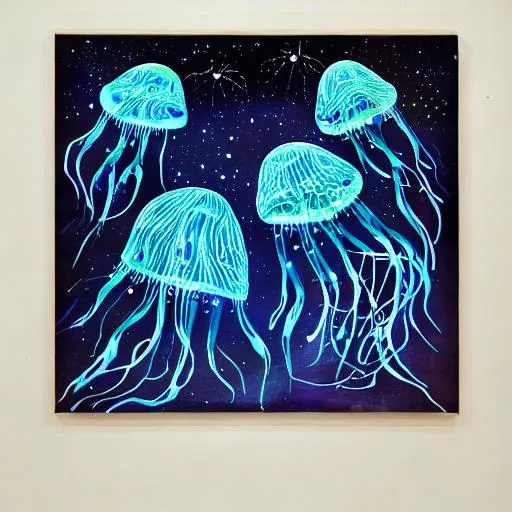 Prompt: CREATE ME ARTWORK THAT INCORPORATES BIOLUMINESCENT JELLYFISH AND SEA LIFE WITH OUTER SPACE AS AN UNDERLYING THEME
