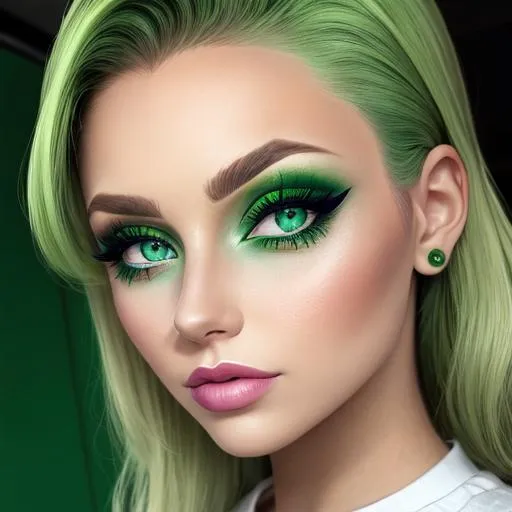 Prompt: A woman all in green, green eyes, pretty makeup