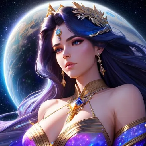 Prompt: goddess of the galaxy laying in the stars, looking down on earth, flowy silky hair made of stars, crystals, intricate, beautiful hyperdetailed androgynous face, attractive, glamour lighting, 8k highly professionally detailed, hdr, CGSociety, futuristic, dynamic lighting, smooth, elegant, sharp focus,  art by artgerm and greg rutkowski



