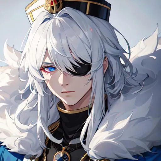 Prompt: Russia as a male human, 8k, UHD,  highly detailed, white hair, blue eyes, wearing a fluffy giant jacket and an ushanka, wearing an eye patch, close up