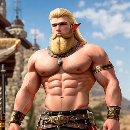 Prompt: CGI, best quality, highest resolution.
Big iron club. Blond big beard, short blond hair, brown eyes. Elf.
A full-body image of a buff handsome warrior, european man, pointed long ears.
A profoundly fair complexion, big detailed muscle.