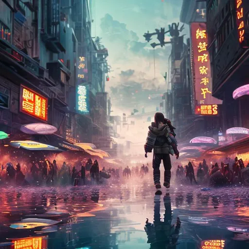 Prompt: Disrupting daily scene, realistic colorful protagonist that is lost in a gray human crowd, details, epic, realistic, cinematic, floating lights, diffusion, umbrellas in the sky, rising sun, reflective wet ground, epic sky