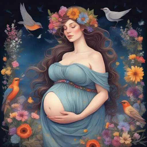 Prompt: A colourful and beautiful Persephone, flowers and gems in her hair. She is pregnant and lovingly cradling her belly. In a beautiful flowing dress made of wildflowers. Surrounded by birds and clouds. Framed by a nighttime sky of clouds. in a painted style