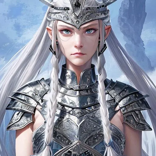 Prompt: clese-up portrait of a beautiful warrior with shiny intricate armor in epic burning battlefield of a fantastic world. She has silver shiny hair with symmetrical braids, slim face, straight nose, mythical grayish blue eyes, natural soft skin. she wears a small helm and carries a long sword and have mystical tattoo. This is a masterpiece by Amano Yoshitaka, by Yoji Shinkawa, by Greg Rutkowski. trending on artstation.