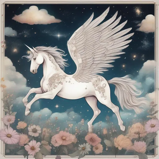 Prompt: A beautiful pegasus with constellations on its sides, walking in a field of clouds and flowers in a painted style