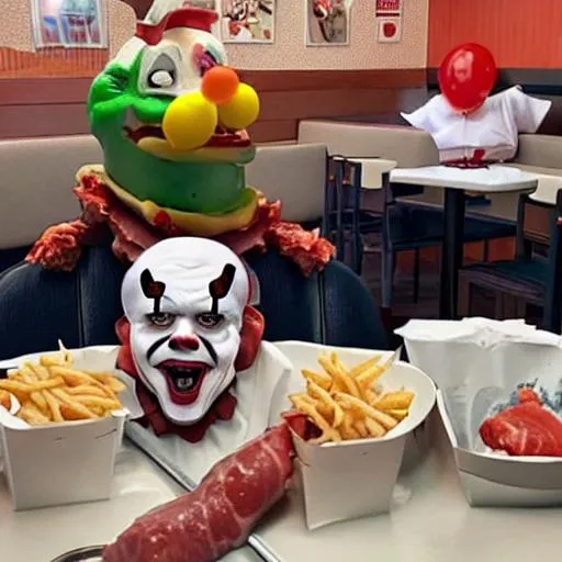 pennywise eating raw meat in McDonald's with children | OpenArt