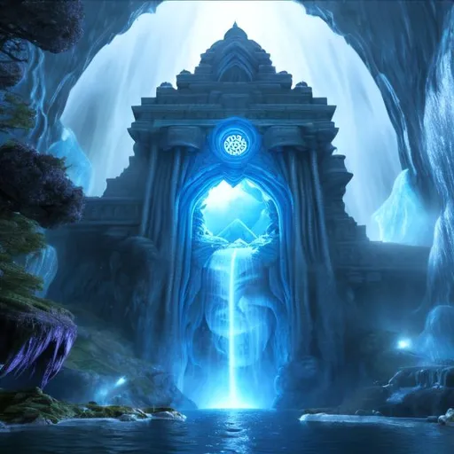 Prompt: Portal hidden behind a waterfall Fantasy, another dimension. Hyperrealistic, UHD, HD, 8K, 