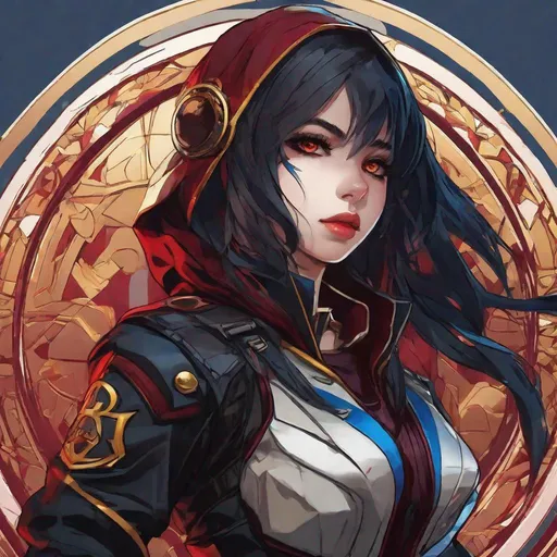 Prompt: two thirds body profile, anime style, a cute young female vistani arcane trickster rogue, burgundy eyes pupils and lips:6, pale skin, long wavy black hair with a blue stripe, skinny, punk clothes, holding a motorcycle helmet confident expression, two thirds body, combination of burgundy and red and gold and black color scheme, pretty and innocent looking, fierce, devious, dangerous, bad girl, style of courier, cool nighttime tokyo city atmosphere, style of vampire, manga style, style of Studio Ghibli, extremely detailed print by Hayao Miyazaki,