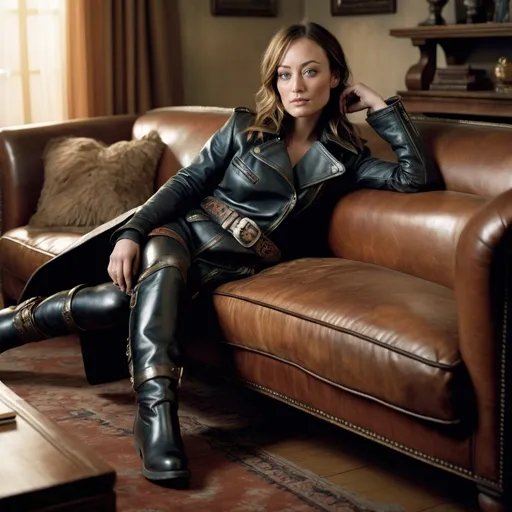 Prompt: photorealistic  Olivia Wilde, dressed in moto coat, lying across full length of the living room couch with her tall buckle boots hanging off the end, 12K full frame, ISO 400, detailed face, intricate leather textures, detailed eyes, realistic, polished leather, TV bright lighting
