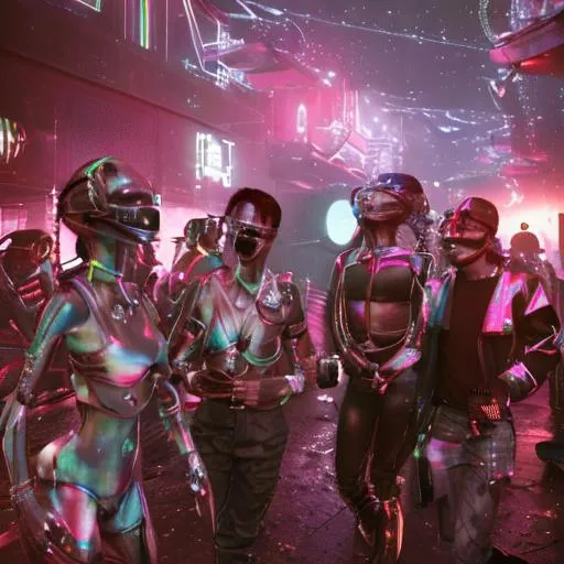 Prompt: 80’s 90s alien warriors partying in futuristic technology street wear warehouse mall rave