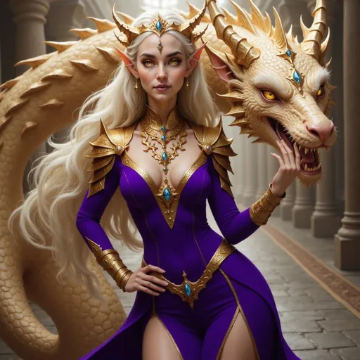 Prompt:  @VITLFRBSebJkkO8huw5E purple clothes, large crown, lots of jewelry, with large gold dragon