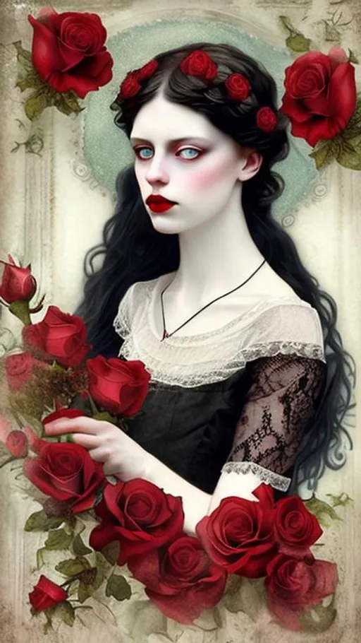 Prompt: "victorian woman, black hair, pale blue eyes, white lace dress, red roses, blood red lips, christian schloe"