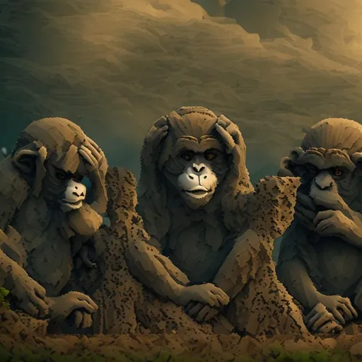 Prompt: Three wise monkeys sitting at tree stump, with pondering expression on their faces, first monkey holds a shining steel human skull, second monkey pointing at it, third monkey rubbing its chin, fantasy atmosphere, cinematic, side lighting, high resolution render, 4k