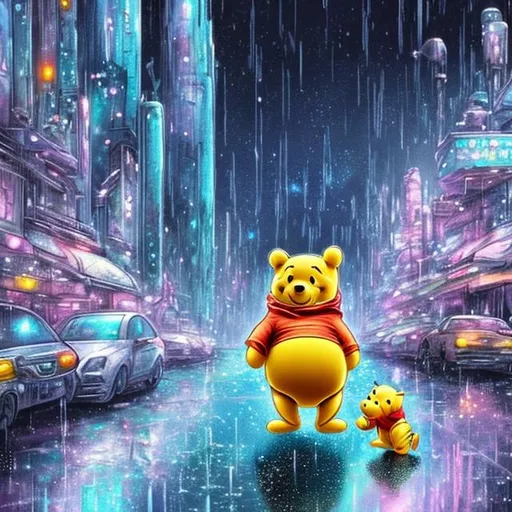 Prompt: Pooh in space walking in futuristic city raining