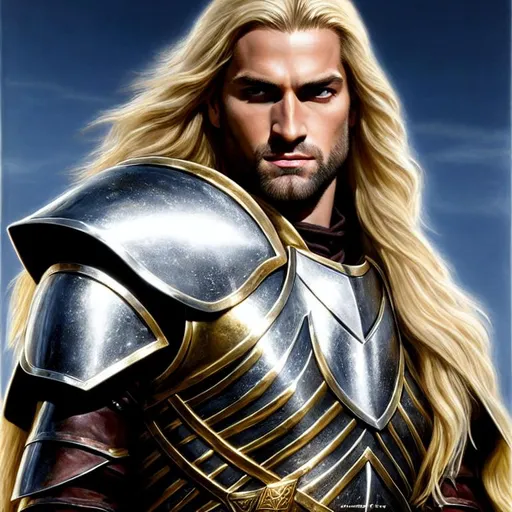 Prompt: Hyper realistic, long golden hair paladin with striking eyes, a handsome, long, angular face, human ears, an intense stare, well-kept silver shining simple plate mail, rpg game, strong man, concept art, by alex ross