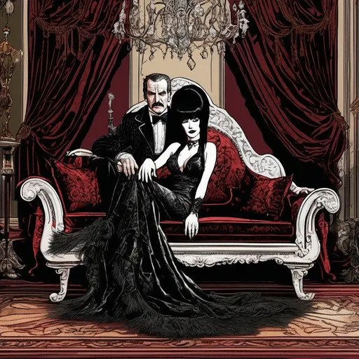 Prompt: (Elvira Mistress of the Dark lying on her side on a Chaise Lounge with Vincent Price Standing next to her), pen and ink style, dark color scheme, elegantly gothic attire, intricate details, dim lighting, dramatic shadows, opulent background, luxurious textures, ornate furniture, deep reds and blacks, baroque patterns, solemn atmosphere, rich color tones, dark romanticism, ultra-detailed, 4K, photorealistic masterpiece, timeless elegance.