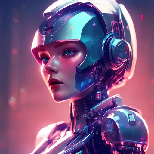 Prompt: a beautiful robot red head woman, feminine look, retro like, octane rendered 4k, hyperrealism, highly detailed, futuristic look, cinema 4k, lots of details, blue and purple background with stars, epic look, portrait
