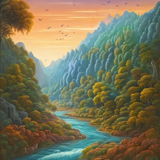 Prompt: painting of a forest with tall mountains with a river in an afternoon with birds flying over the horizon