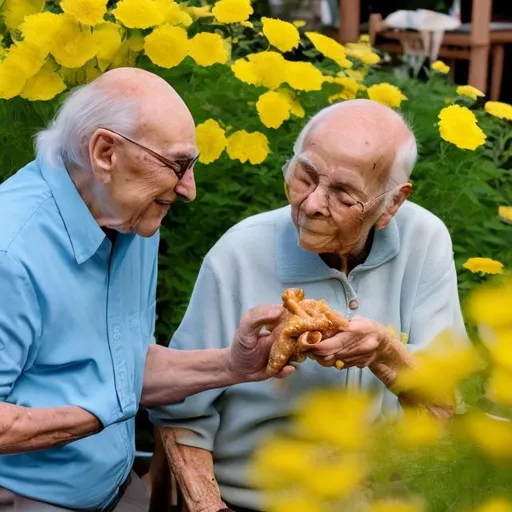 Prompt: my grandma eating a dog while simultaneously heading my grandpa's bald head while my Grandpa is having dinner and he is eating a steak for dinner and he there are yellow flowers on the table and the table is blue