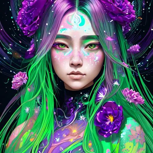 Prompt: a painting of a woman with long hair, splashes of neon galaxies, moebius and android jones, green and purple color scheme, acid rain effect, detailed face of a asian girl, flowstate paint, featured on artstation, with frozen flowers around her, portrait, 4k, complementary colors, thick lines, 