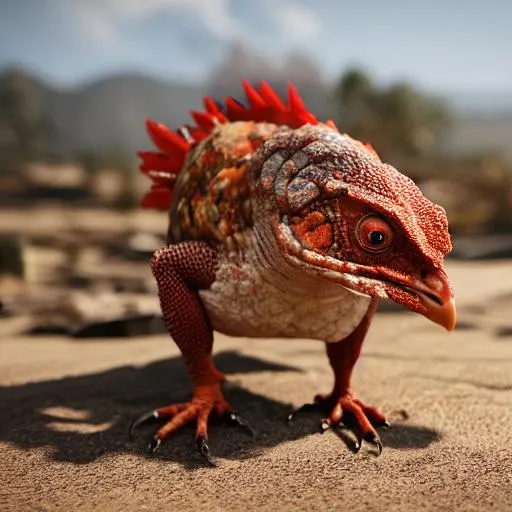 Prompt: chicken blended with a  feathered lizard , hybrid creature, surreal, 8k, nature photography, octane render