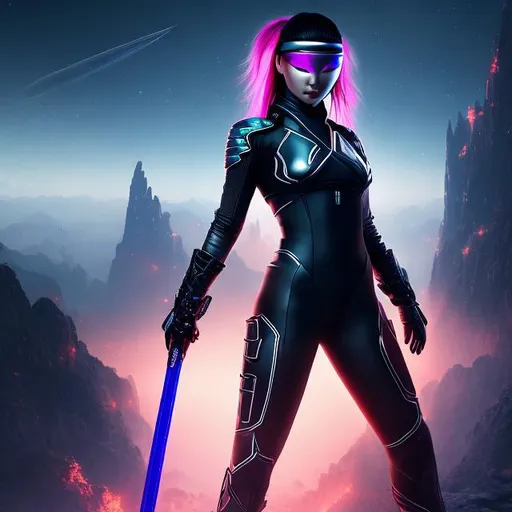 Prompt: create photograph of beautiful female ninja who is wearing elite bright black futuristic ninja suit,  night time and beautiful sky  space and planets an nebulae in sky highly detailed, detailed face, extremely detailed environment, extremely detailed background, extremely detailed skin, extremely detailed clothing, natural colors , professionally color graded, photorealism, 8k, realistic, moody lighting, galactic environment, volumetric lighting