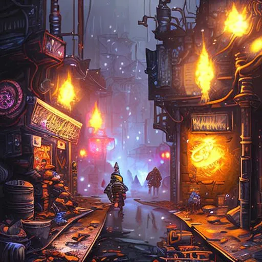 Prompt: gritty alleyway, magic, fantasy, effervescence, dark fantasy, urban decay, volumetric lighting, digital, enclosed, dark blue and black tones, rare orange and purple highlights, art style like borderlands
