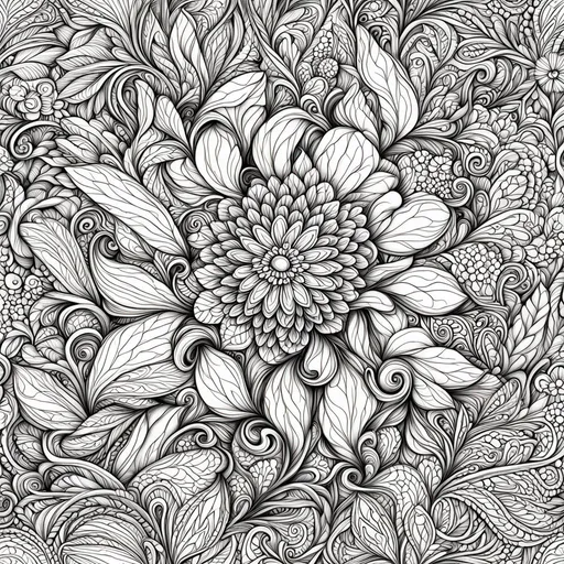 Prompt: zendoodle, line art, black and white, doodle, handdrawn, seamless pattern, shapes, geometry, sharp lines, flower petals, symmetric, centered