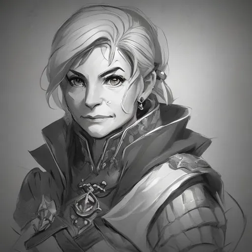 Prompt: black and white portrait of an experienced mature 
female adventurer guildmaster rough sketch