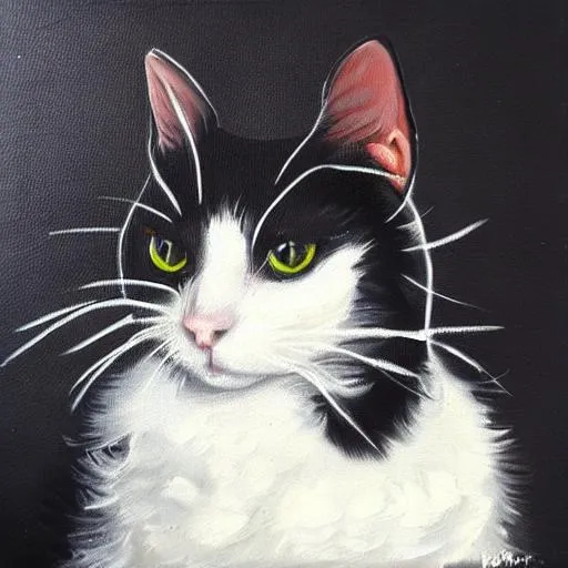 Prompt: oil painting of a black and white cat