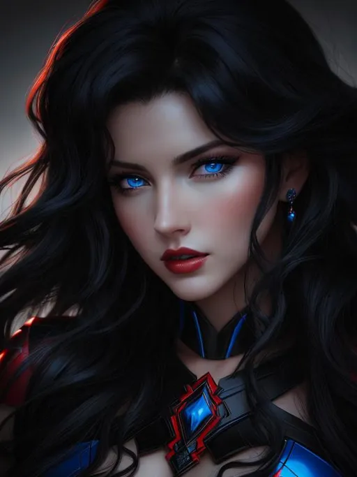 Prompt: A hyper realistic detailed image of a ((sexy woman)) with ((a pale skin skin)) (((black hair))) ((royal blue eyes)) with ((sexy RED and BLACK outfit)), with a plunging neckline, balayage wild hair, highly detailed, digital painting, Trending on Deviantart, HD quality, ((by JuneJenssen)), ((very huge breast)),