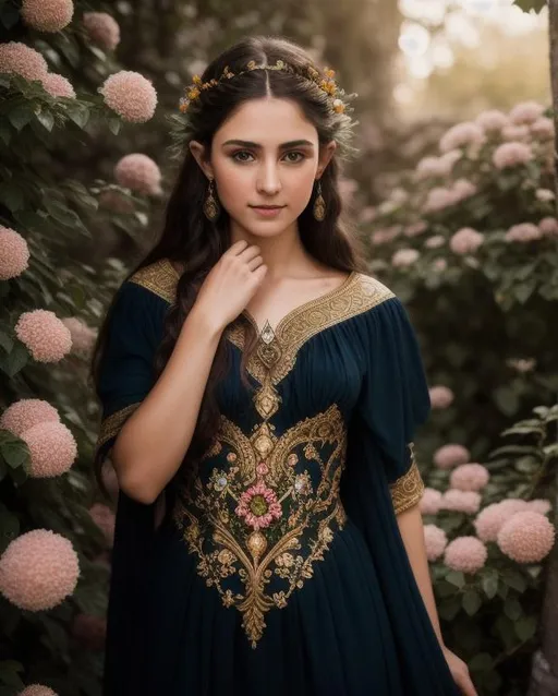 Prompt: Full color portrait of a ornate and intricately detailed young elvish woman, flowers, oil-paint