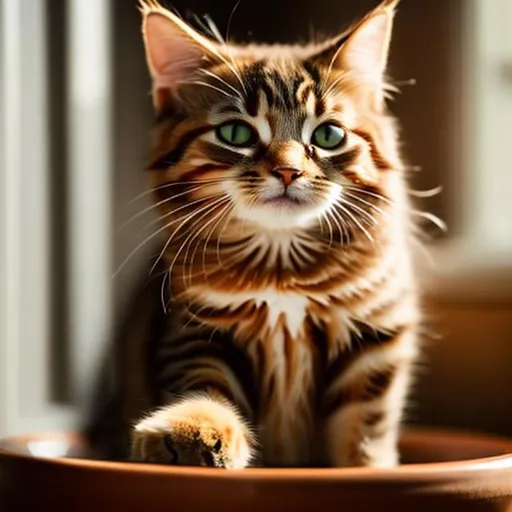 Prompt: a cute tabby cat sitting in a  warm house setting, its sitting infront of its bowl squinting its eyes.