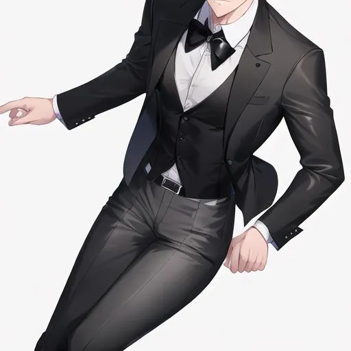 Prompt: Alex 1male. Short light brown hair. Soft and mesmerizing light grey eyes. Wearing a sleek black button-up shirt, paired with tailored black pants and shiny leather shoes. He completes the look with a stylish black vest and a classic black bow tie. UHD, 8K
