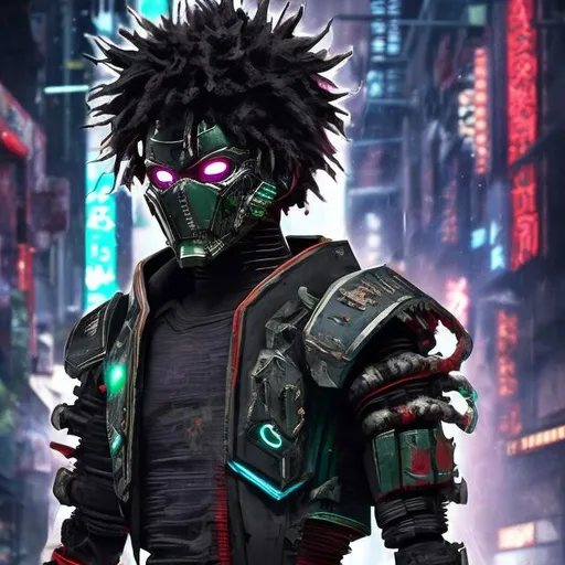 Prompt: Deku. Futuristic Shogun styled armour and mask. cyber enhancements. Scars, tattoos and piercings. Dark and edgy with neon accents. Cyberpunk style. Raw. Gritty. Dirty.