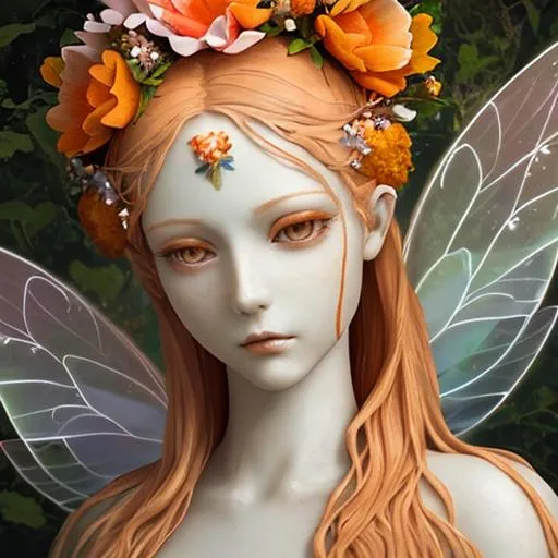 Prompt:  fairy goddess  of spring , orange flowers  in  hair,  porcelin skin, closeup